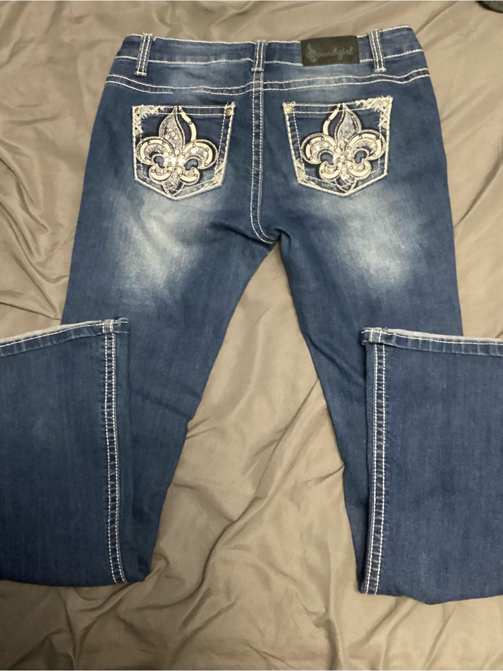 Soundgirl Blue Bootcut Jeans with Fleur-de-Lis Back Embroidery